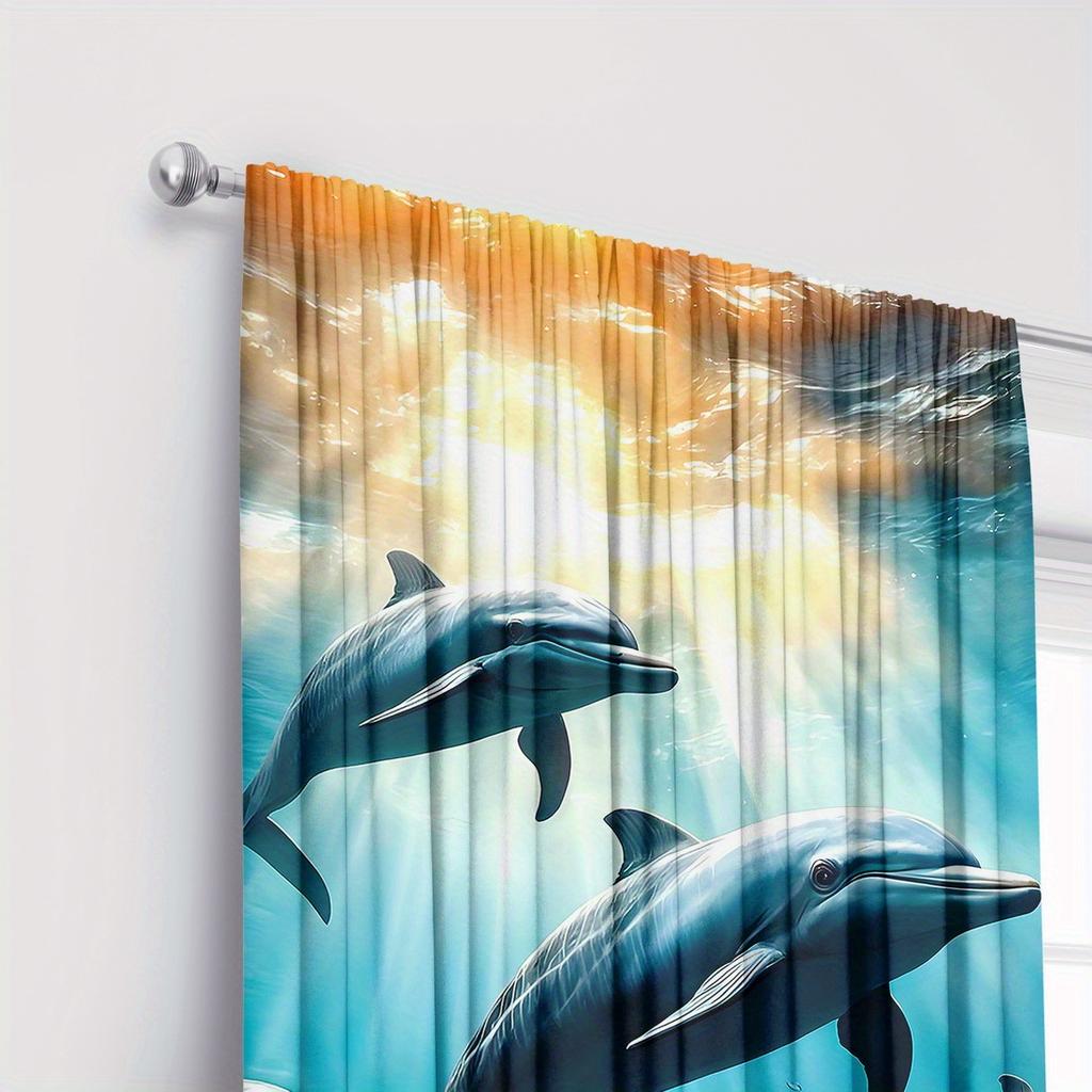 2pc Dolphin Print Curtains, Polyester Fabric, Machine Washable, Suitable for Bedroom and Living Room Decoration