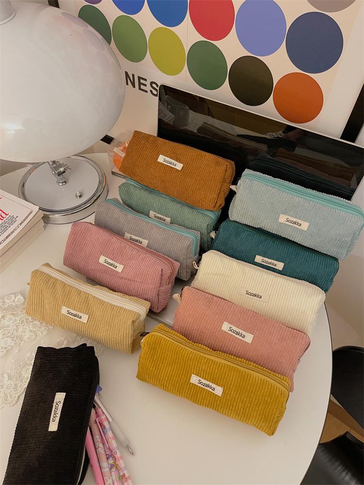 Little White Rabbit Corduroy Pencil Case – Vintage Solid Color Stationery Bag for Students