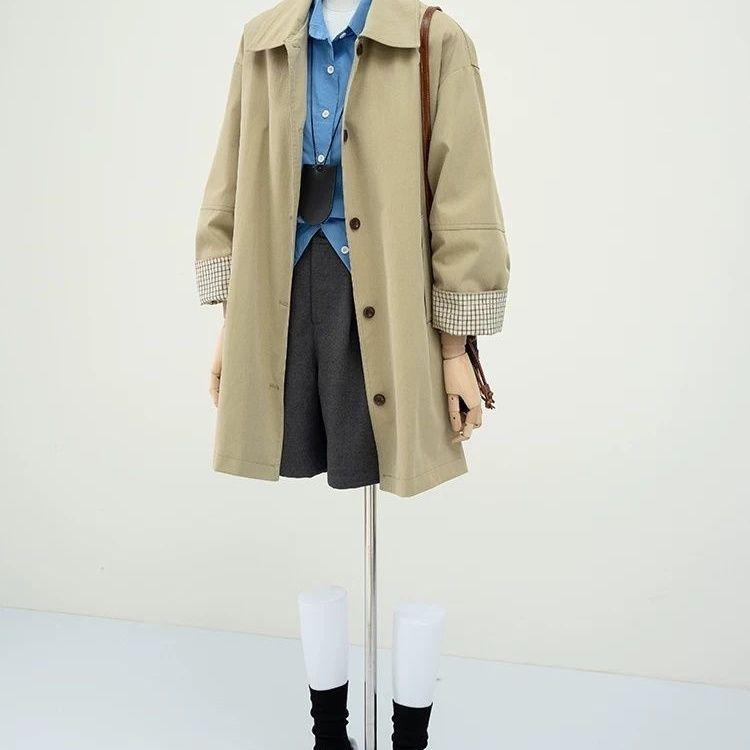 Damen Khaki Color-Block Trenchcoat – 2025 Frühling/Herbst Kollektion, Größe S, Locker geschnitten, Lässige Arbeitskleidung