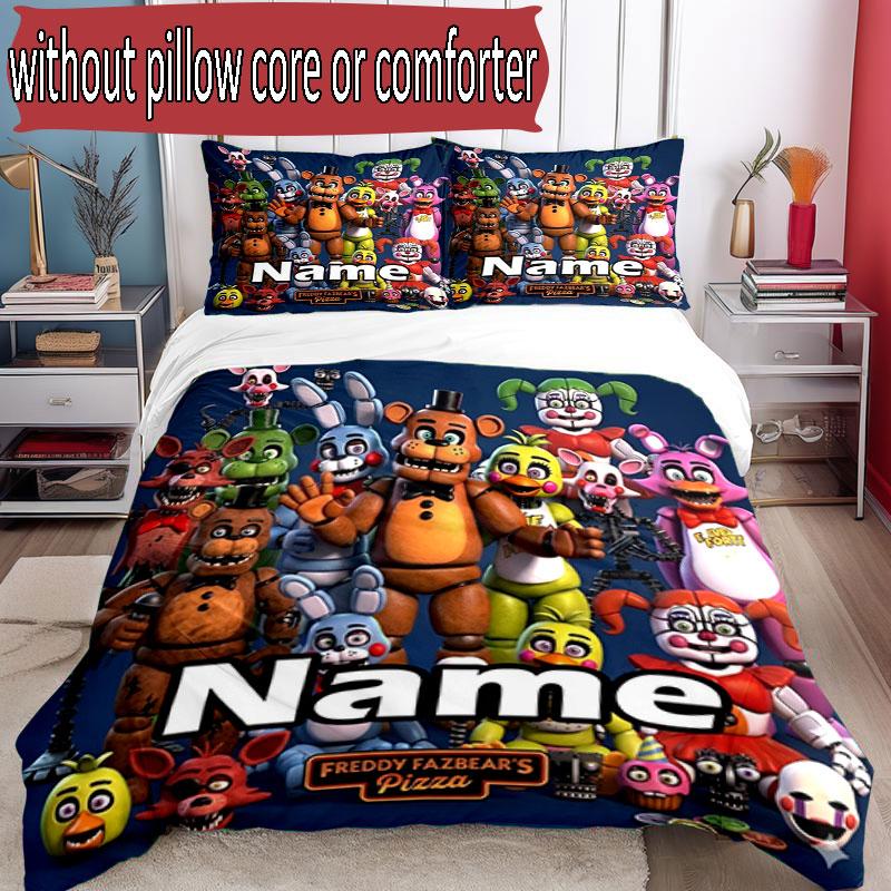3'lü Nevresim Takımı (1*Nevresim Kılıfı + 2*Yastık Kılıfı, Çekirdeksiz), Özel İsimli Five Nights at Freddy's Desenli Nevresim Takımı, Ev Yatak Odası Dekorasyonu Hediye