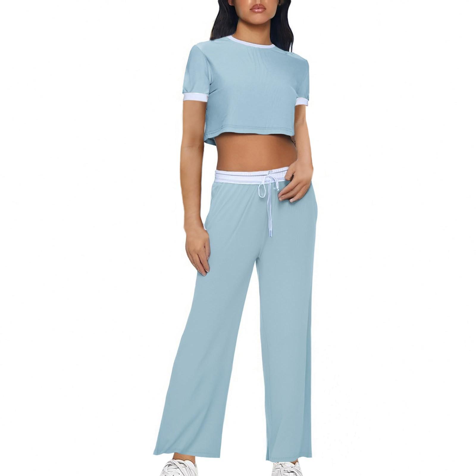 

Женские комплекты из двух частей: топы с коротким рукавом, футболки, широкие брюки, комплекты XL светло-синий