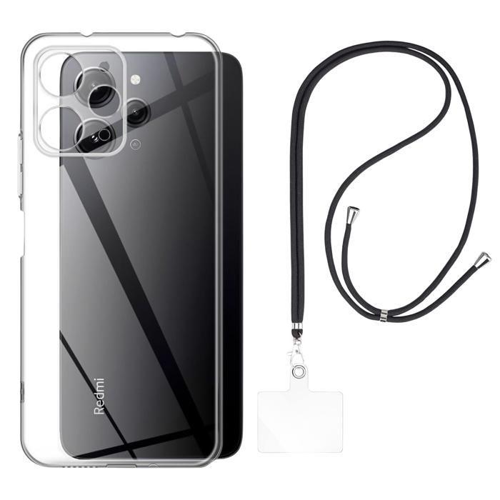 Case and Neck Strap for Xiaomi REDMI 12 4G - Transparent Soft TPU Adjustable Black Cord Phonillico®