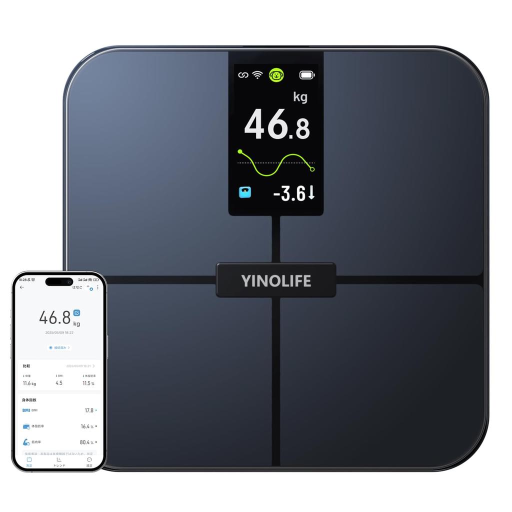 YINOLIFE Body Composition Scale Smartphone Body Fat Monitor with ITO Large TFT Direct Results Bluetooth Automatic Data 25 Measurement High Supports up