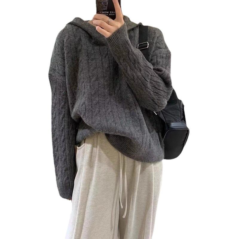 Maglione morbido retrò a trecce con cappuccio da donna autunno-inverno ampio pigro antivento maglieria