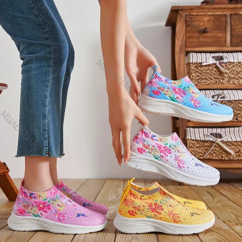 Fashion Spring Autumn New Women's Fashion Vulcanize Shoes Water Diamond Casual Breathable Shoes Slip On Printed Women's Sports Shoes