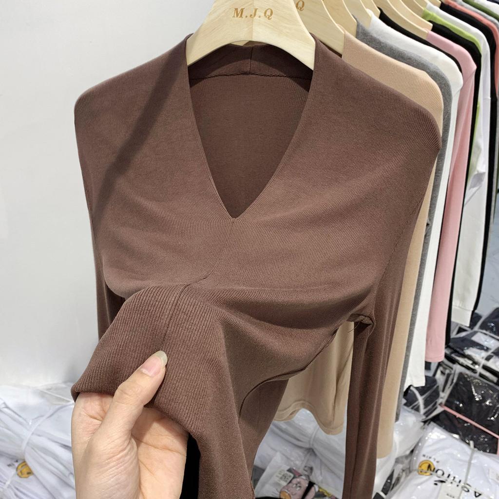V-neck Long-sleeved T-shirt Women's Spring Clothing New High-end Pure Desire Sexy Slim-fitting Thin Velvet Thin Bottoming Shirt