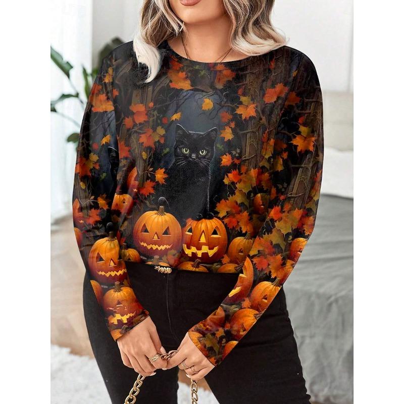 

Женская толстовка из полиэстера с рисунком ведьмы, тыквы, фонаря, на Хэллоуин, повседневная одежда с принтом, свободный крой, круглый вырез, длинный рукав, неэластичная 8xl