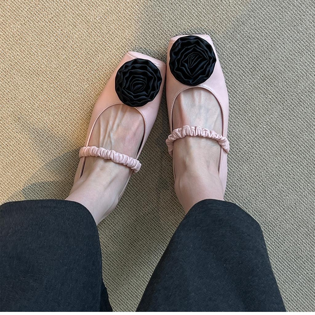 2026 New Spring Genuine Leather French Retro Flower Mary Jane Shoes Super Cute Flat Black Women's Shoes