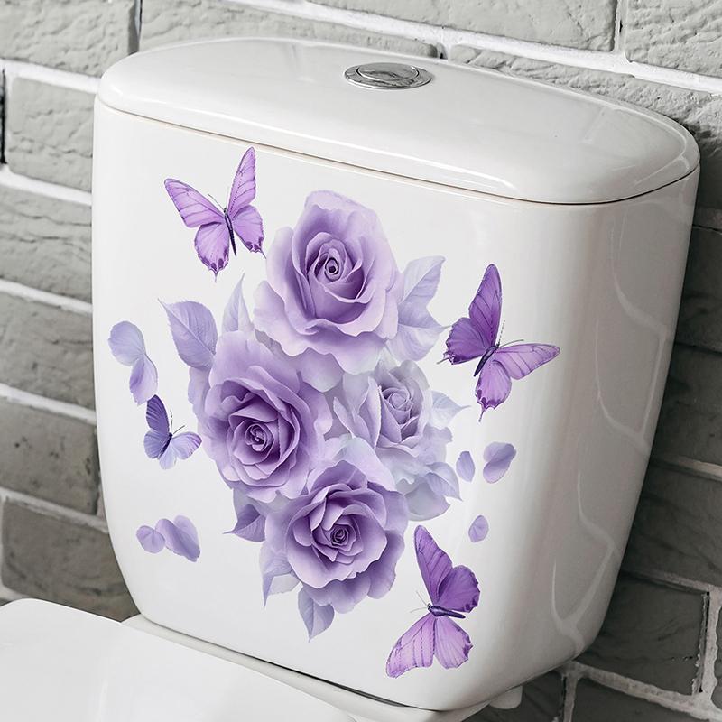Bathroom Toilet Sticker Modern Minimalist Purple Flower Butterfly Pattern Self-Adhesive Paintings For Bathroom Living Decoration