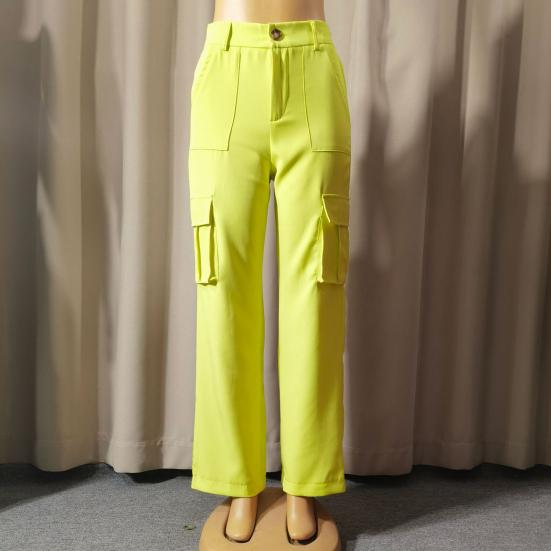 Women Cargo Pants High Waist Button Zipper Fly Casual Trousers Solid Color Loose Fit Multi-Pocket Design Long Pants