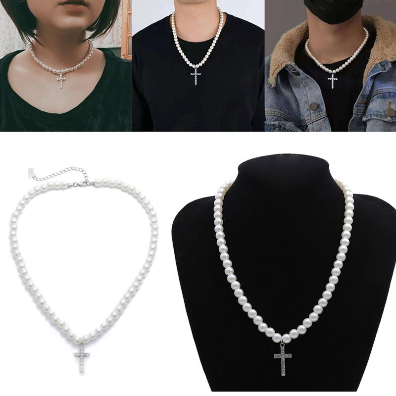 Vintage Artificial Diamond for Cross Pendant Necklace Wedding White Pearl Necklace Round Imitation Pearls Chain Necklace