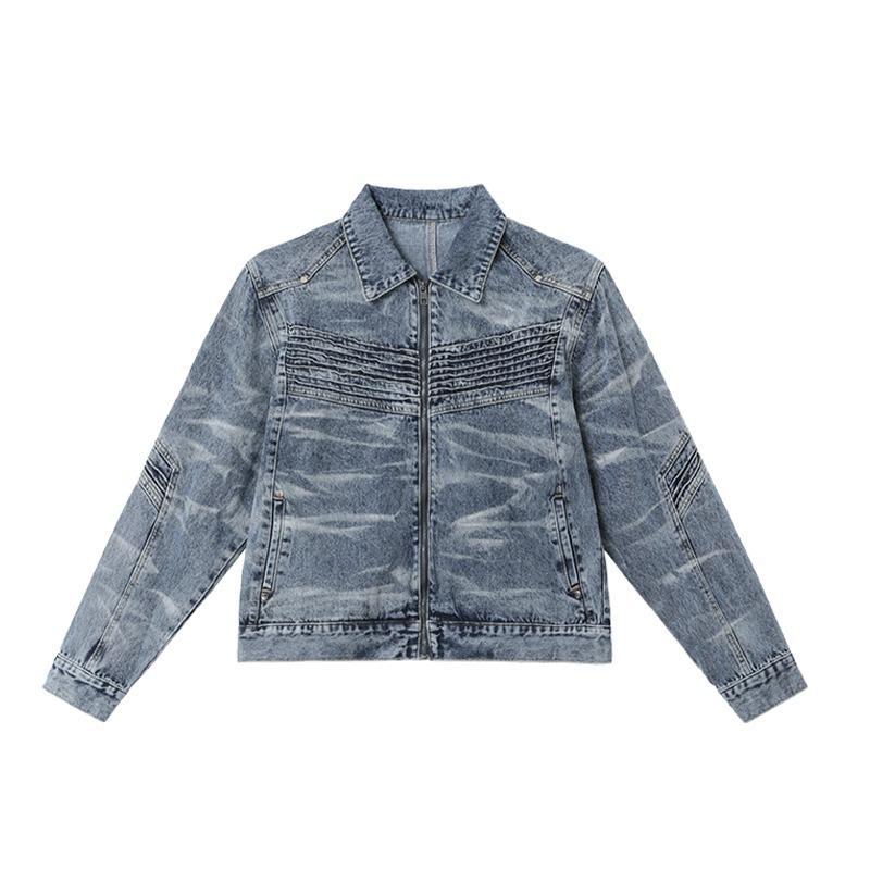 Heavy silhouette pleated design sense retro washed jeans jacket men s and women s autumn and winter short loose versatile top M синий