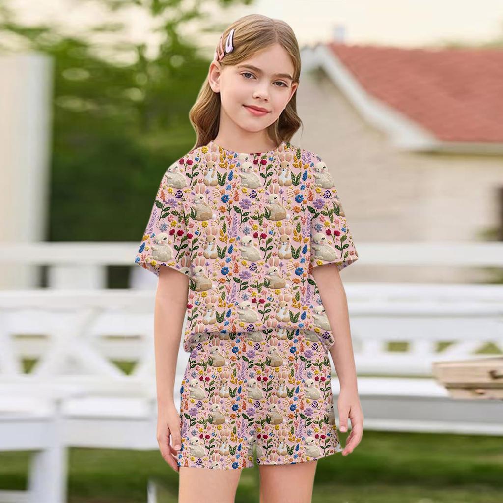 Kid Patriotic Outfit - Short Sleeve & Shorts 2-Piece Set For Girl Easter Day