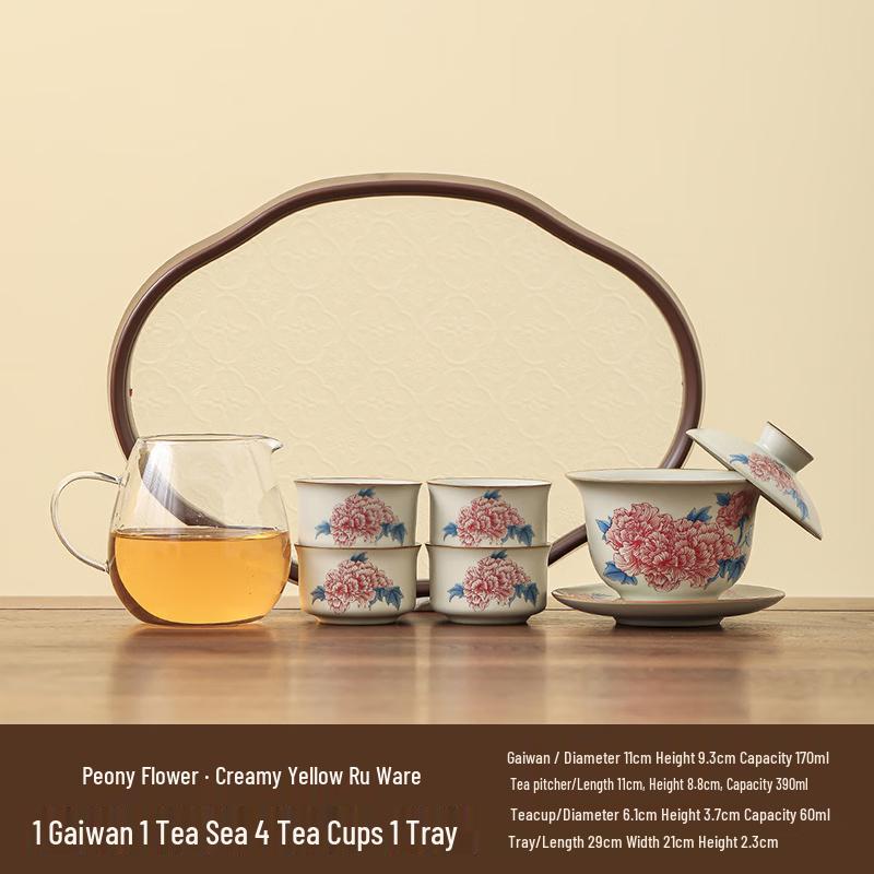 Peony Ru Kiln Ceramic Gaiwan Tea Set