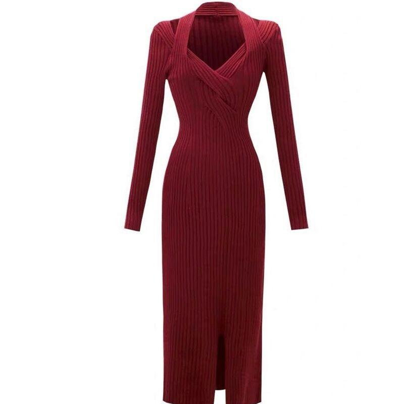 With Coat, Small Black Dress, Base Temperament, Black Slim-fitting V-neck Knitted Dress, Autumn and Winter Women