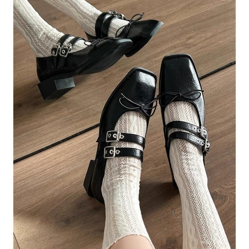 Fashion Bowtie Women Ballet Flats Shoes New Spring Square Toe Buckle Strap Lolita Footwear Fashion Casual Ladies Mary Janes Shoes