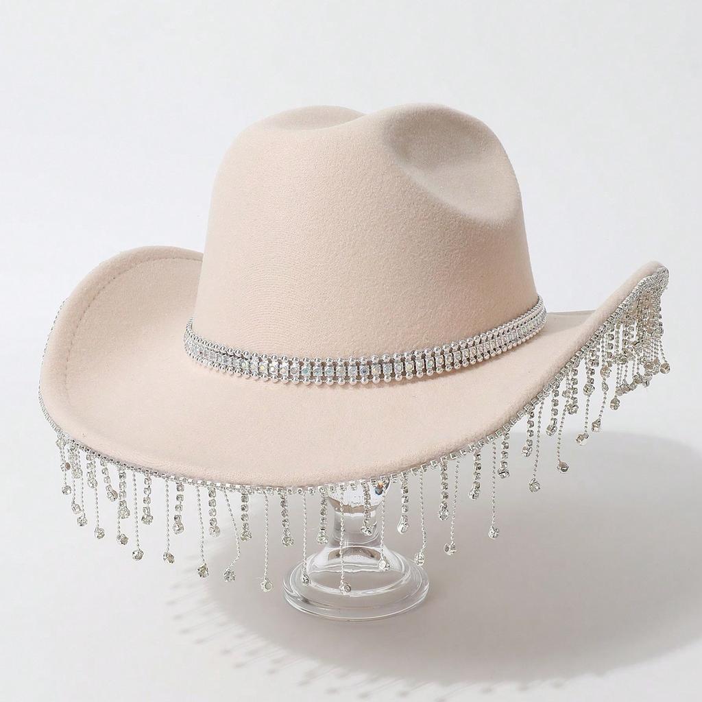 Rhinestones Bright Diamonds Tassel Western Cowboy Top Hat Ladies Top Hat Holiday Party Wedding Jazz Hat