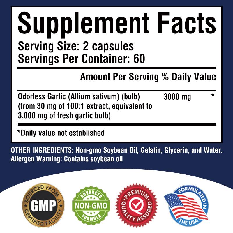 XEMENRY Odorless Pure Garlic Capsules, All-Natural, Boosts the Immune System, Suitable for Adults