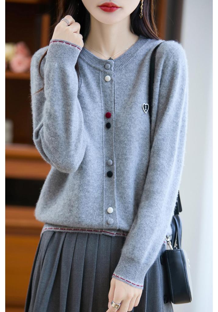 Women's Loose Round Neck Wool Cardigan with Colorful Buttons