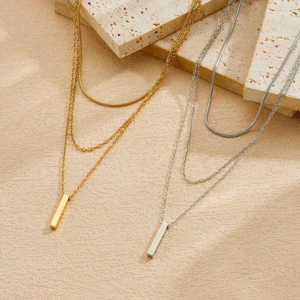 Gold Plated Triple Layered Vertical Bar Pendant Necklace