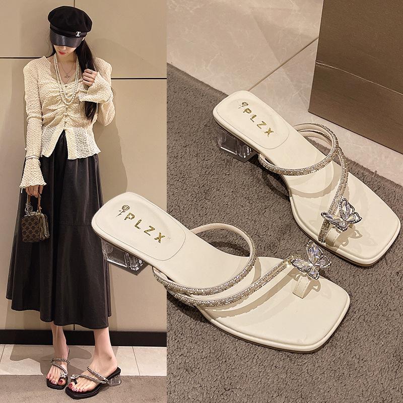Rhinestone Cool Slippers Women's Summer Wear 2025 Fairy Stunning Thick Heel Sandals French Style with Bow New Skirt