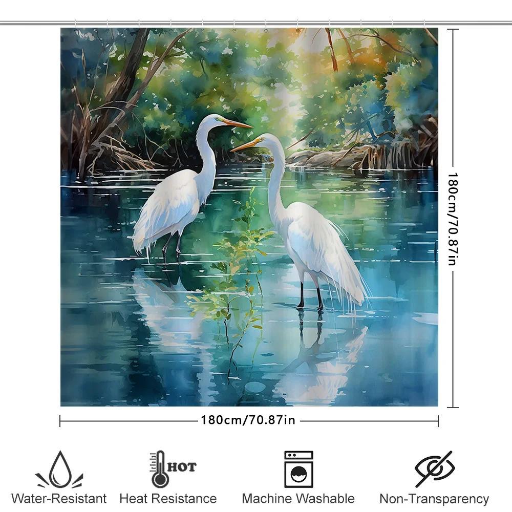 Watercolor Birds Bathroom Shower Curtain White Pelicans Swamp Print Home Decor Waterproof Fabric Shower Panel Suitable For Ba