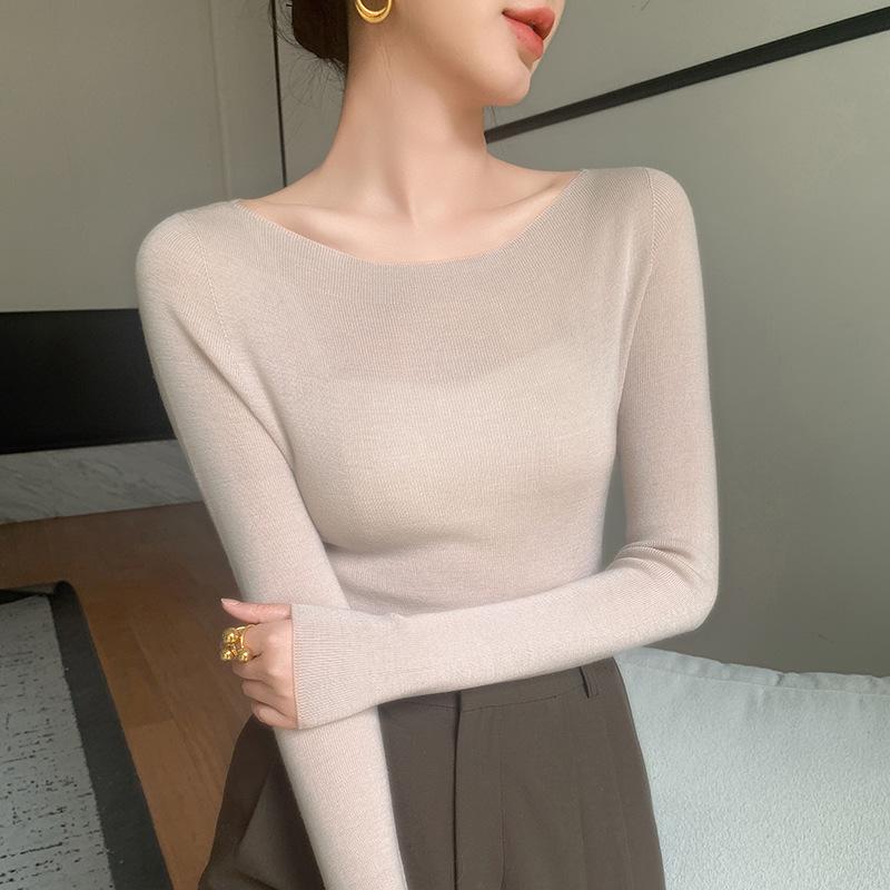 2025 Women's 100% Wool Seamless Slim Fit One-Shoulder Fine Knit Sweater, Machine Washable, 18 Gauge Yangzi Yarn