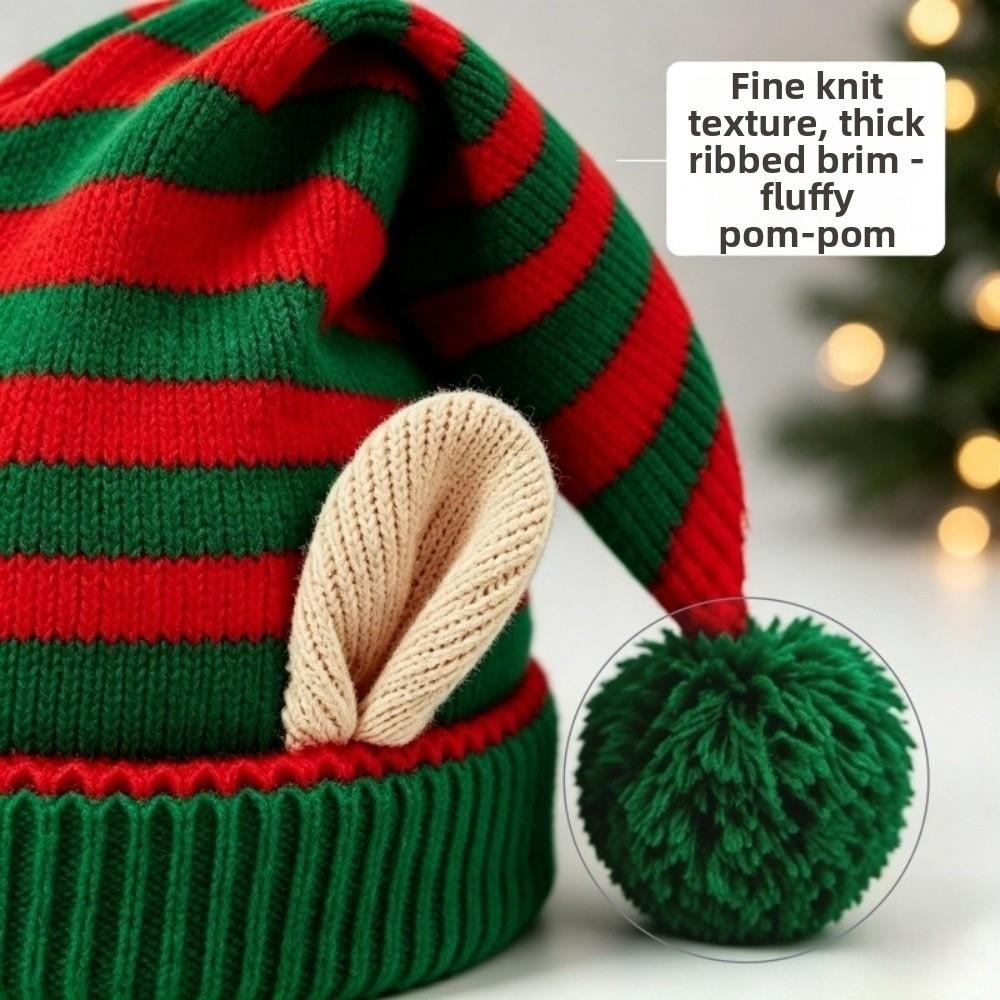 With Elf Ear Christmas Striped Elf Hat Thick Ear Protection Xmas Knitted Beanie Long Pointed Soft Warm Christmas Pointed Hat
