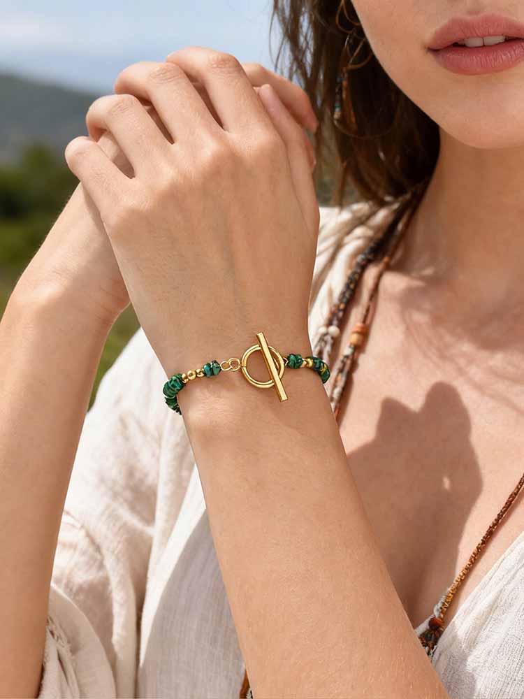 Boho Natural Stone Beaded Bracelet for Women Toggle Clasp Crystal Bead Chain Bracelet Chic Design Stainless Steel Jewelry Gift