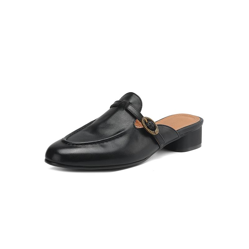 Fashion NEW Summer Women Mules Genuine Leather Shoes for Women Round Toe Chunky Heel Shoes Cover Toe Slingback Sandals Buckle Slippers