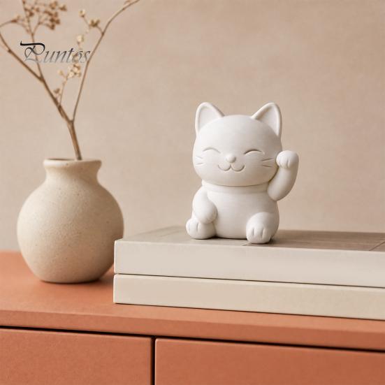 Cute Cat Statue for Home 3D Printed Luck Statue, White Maneki Figurine, Matte Mini Nightstand Fortune Ornament Desk Bedroom Decor, Holiday Birthday