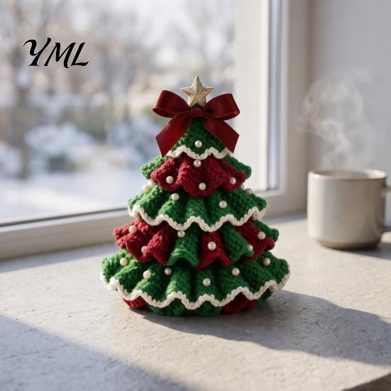 DIY Wool Yarn Craft Set Crochet Christmas Tree Kit, Beginner-Friendly Xmas Kit with Bow Soft Fluffy Handcraft And Faux Pearl Embellishment,