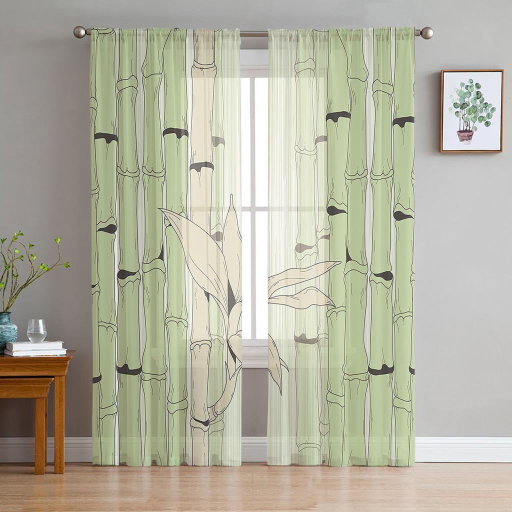 Bamboo Tree Green Plant Sheer Curtains for Living Room Transparent Tulle Window Curtain Bedroom Kitchen Home Decor Veil Drapes