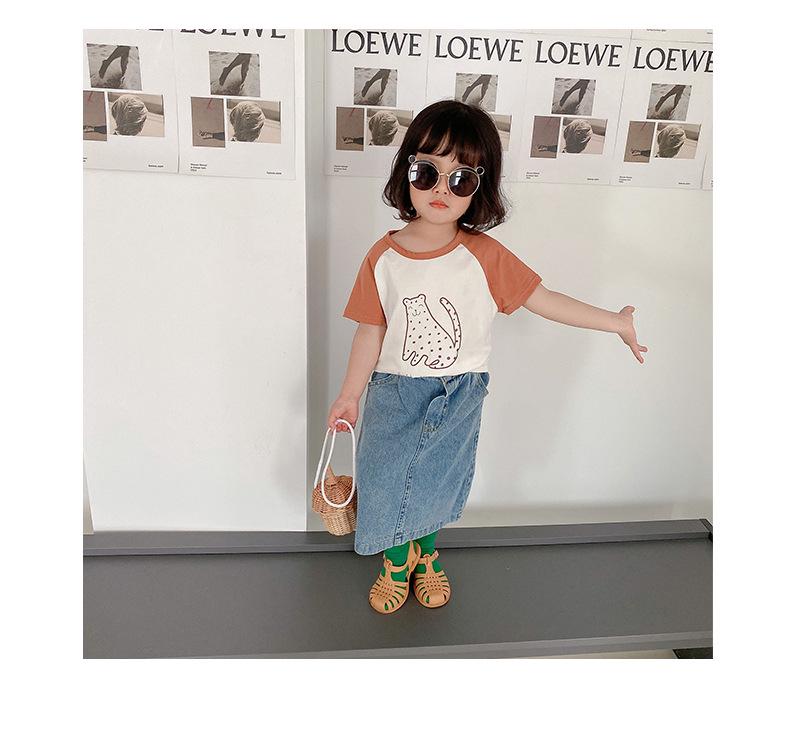 Girls' 2025 Summer Color Block Cartoon Print Cotton T-shirt, Round Neck, Short Sleeve