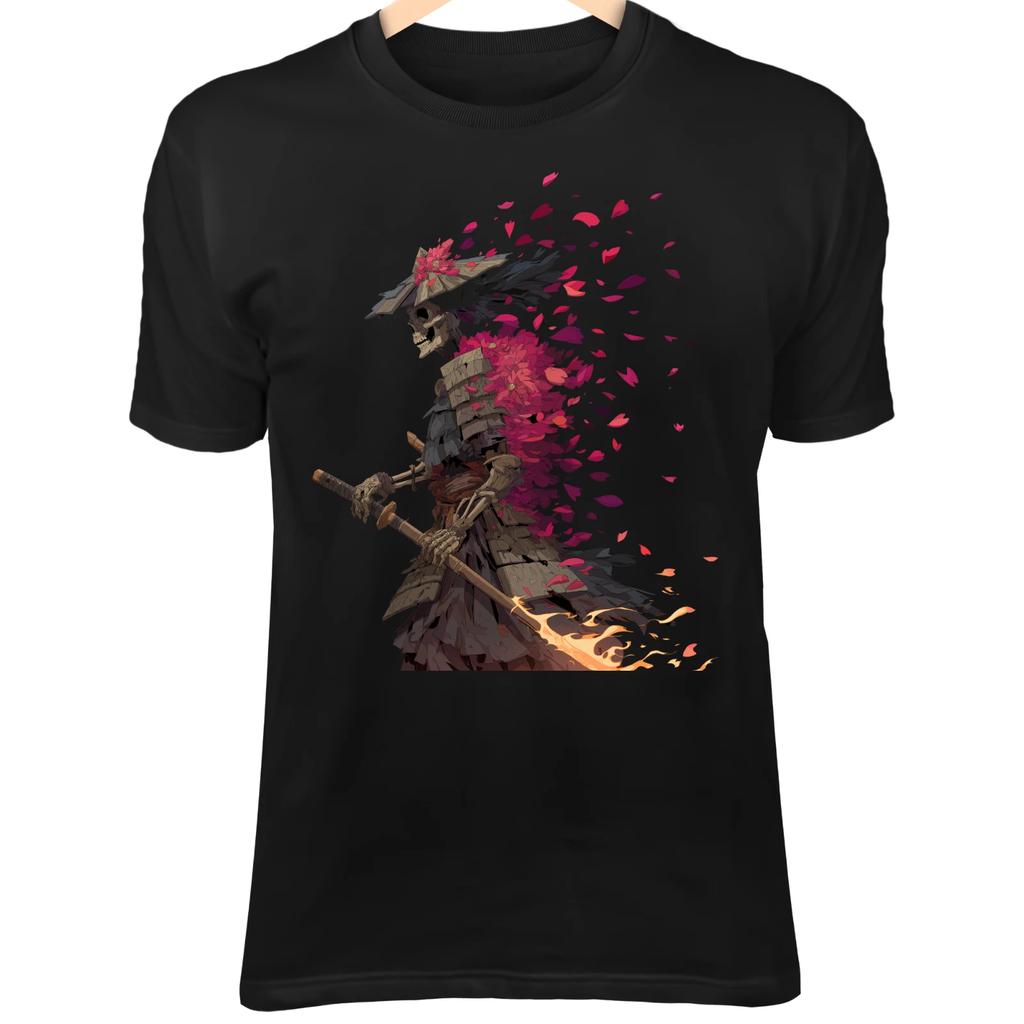 Skeletal Samurai T-Shirt – Flaming Katana, Broken Mask, Dark Blossom Art Tee