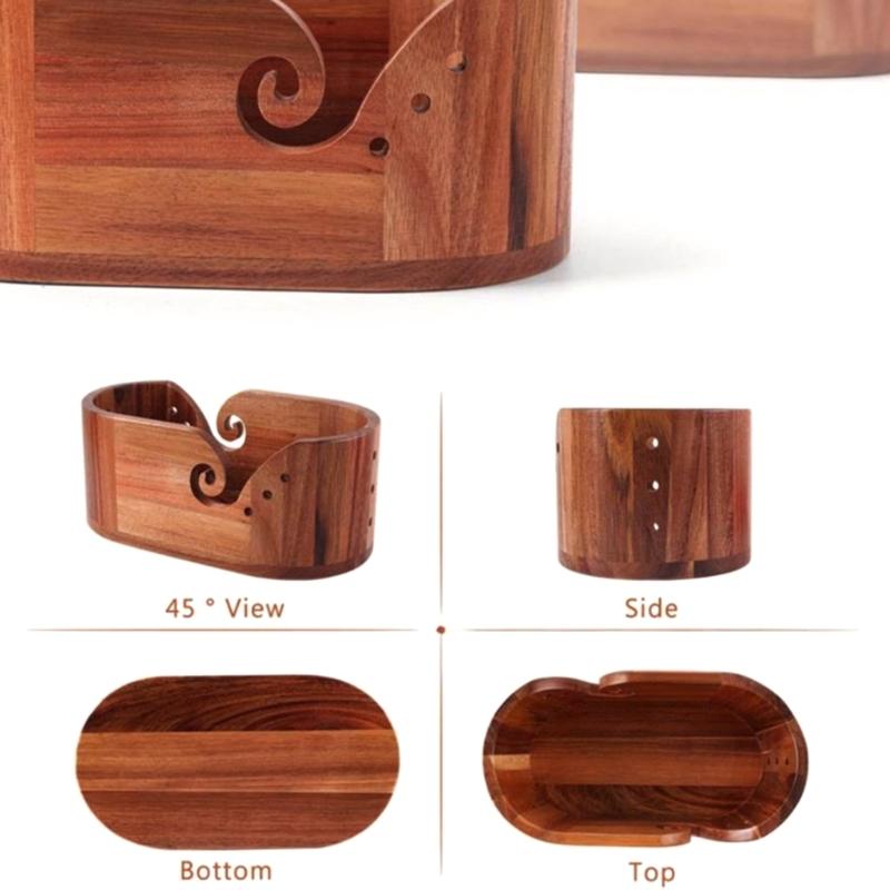 Oval Shape Wooden Knitting Bowl with Holes Multifunctional Yarn Holder with Lid for Crocheting Knitting Tool Storage