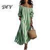 Soft Summer Dress Women Striped Long Dress, Off Shoulder Sleeve Casual Daily Wear Ankle Length Loose Swing with Side Pocket Clothing