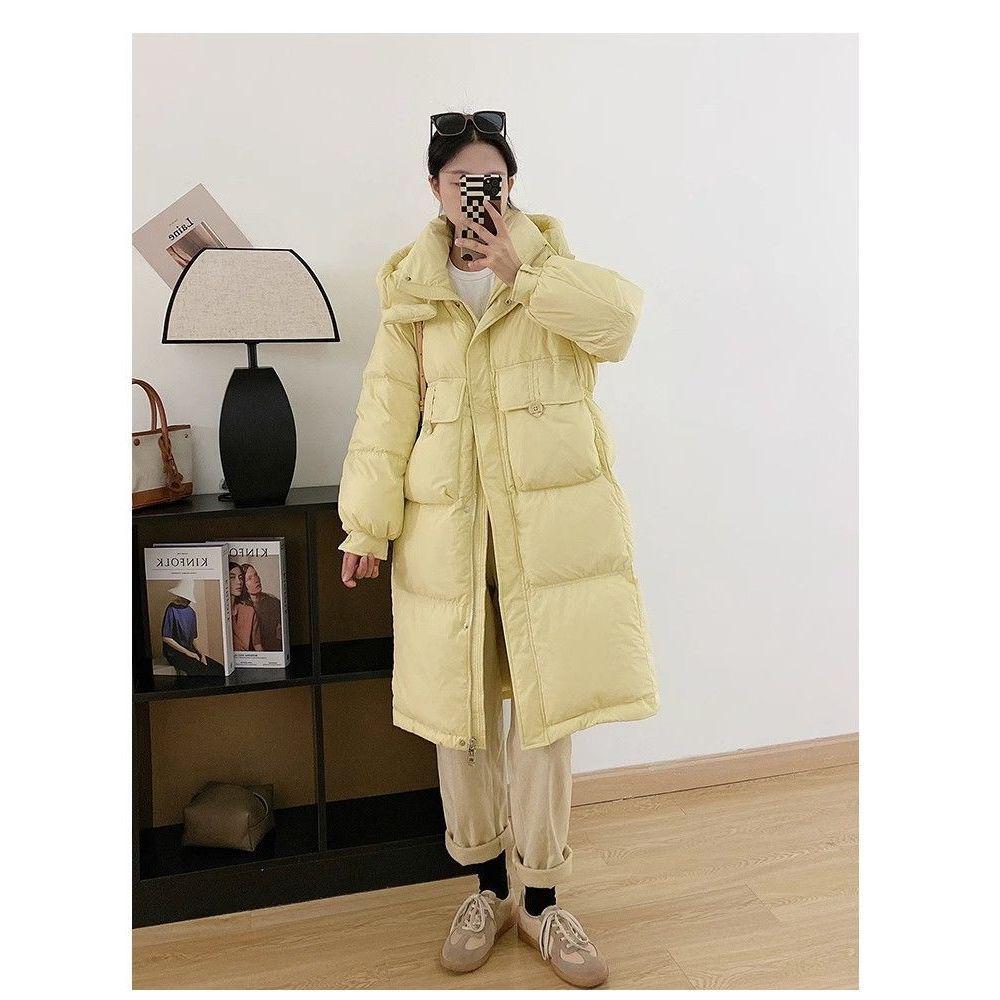 Damen Daunenjacke im koreanischen Stil, mittellang - mit Kapuze, tailliert, lockere Passform, überknielang, dicker Wintermantel.