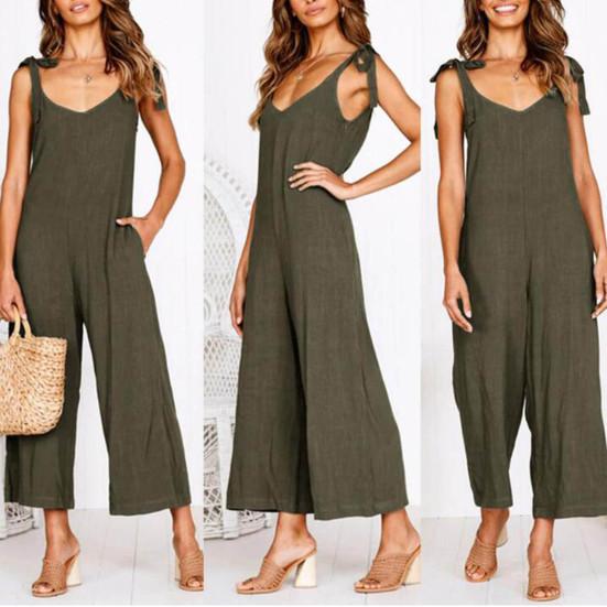 Women Jumpsuit V Neck Loose Fit All-match Tie Belt Design Strap Jumpsuit Streetwear