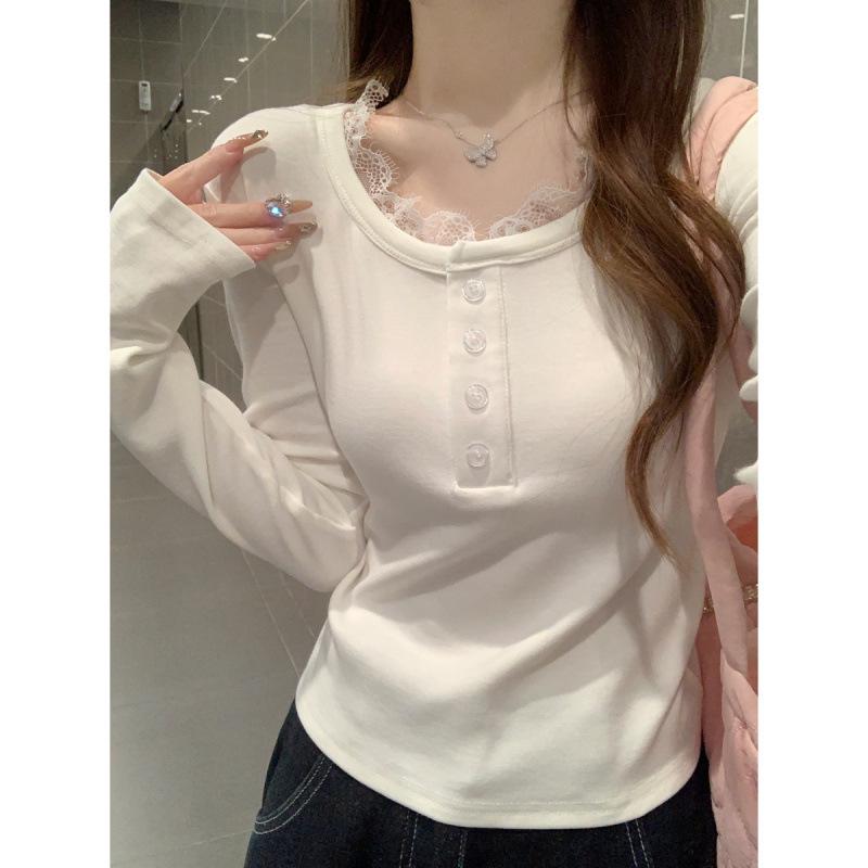 Korean Autumn Slim-Fit Square Neck Lace Trim Long-Sleeved Cashmere T-Shirt for Women