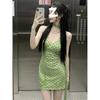 French Polka Dot Streamer Neck Dress Women's Summer Temperament Green Skirt Waist Hip Skirt Vacation Dress
