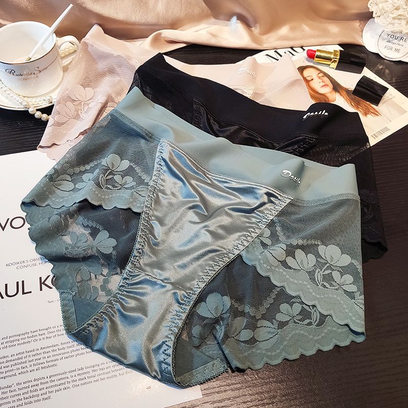 Women Luxury Satin Panties Tummly Control Summer Sexy Lace Briefs High Waist Plus Size Cotton Crotch Breathable Underpants Lingerie Underwear