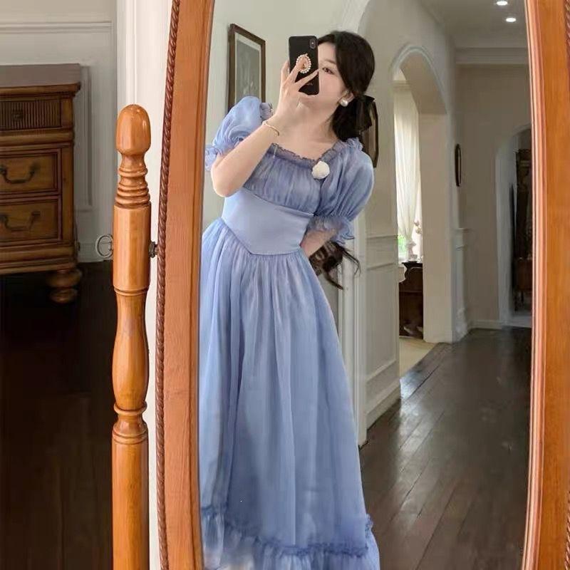 

Summer blue dress design back bow waist court style first love retro gentle women s dress XL синій