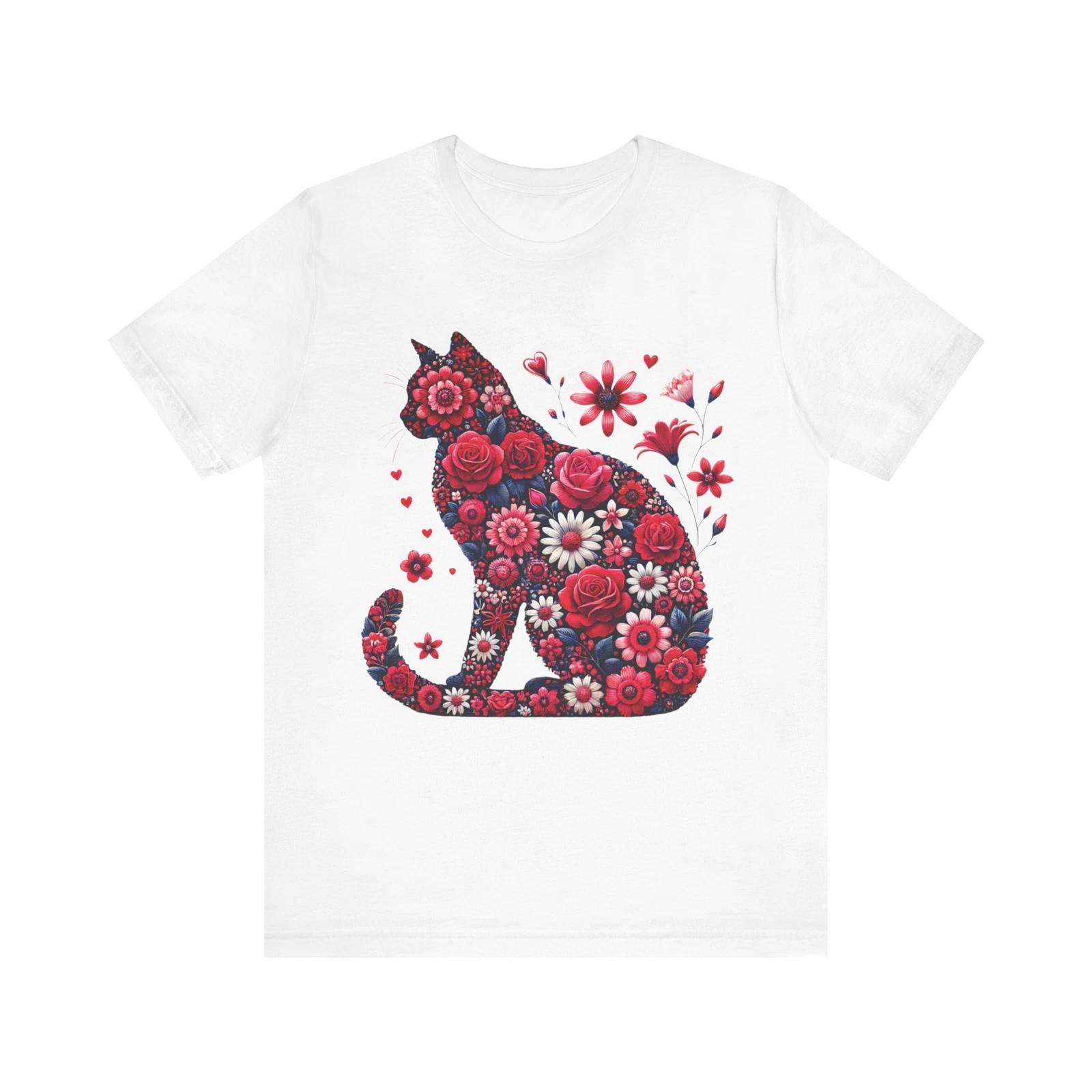 Floral Cat Valentine Design with Red Roses and Flowers for Cat Lovers T-Shirt 2XL