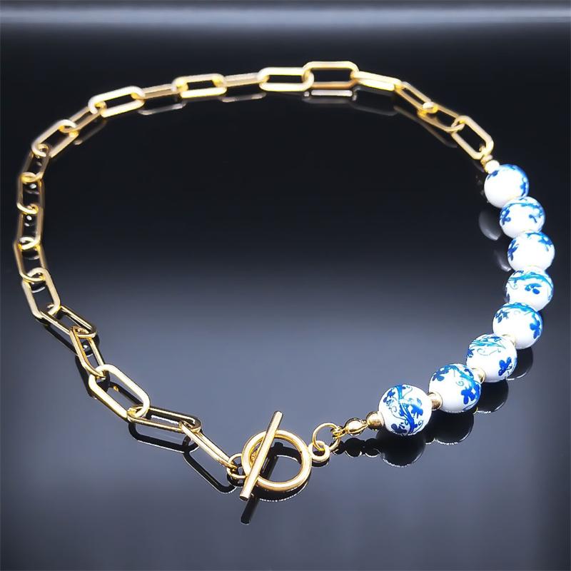 Blau-weiße Porzellanperlenkette für Damen Edelstahl China Keramik Choker Halsketten Weihnachtsgeschenk Schmuckkragen