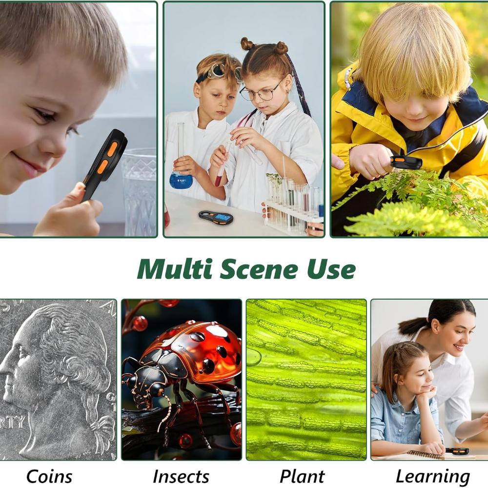 2MP mini digitální mikroskop, kapesní mikroskop s 500násobným zvětšením pro děti, 3úrovňové LED osvětlení, dobíjecí baterie 600 mAH, kompatibilní s Windows a Mac OS