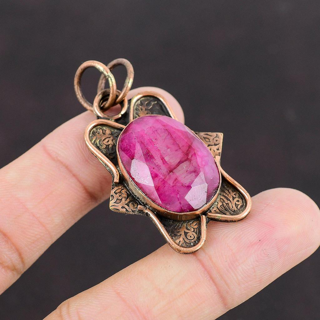 Faceted Kashmir Ruby Gemstone Pendant Copper Pendant Handmade Jewelry Modern Style Pendant Gift For Engagement Latest Design Copper Jewelry