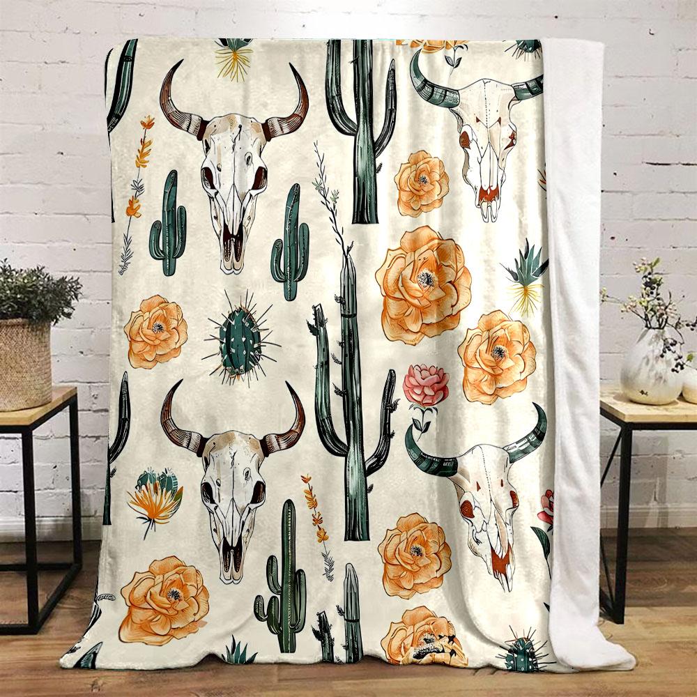Western Skull and Cactus Pattern Patterned Flannel Blanket Perfect for the Bedroom Living Room, Sofa, or a Little Nap