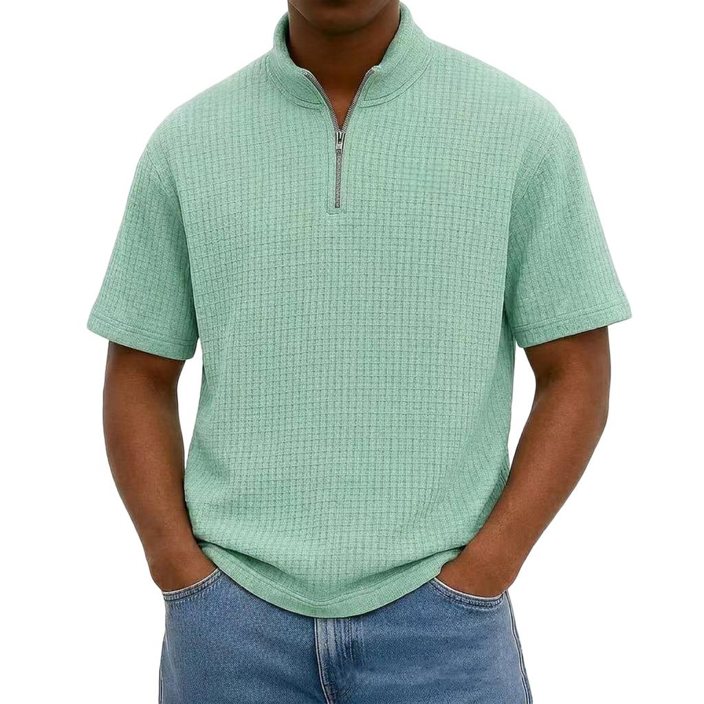 Men's Short Sleeve Half Zip Pullover Shirt Loose Fit Lightweight Casual Top with Stand Collar Suitable for Outdoor and Daily Wear