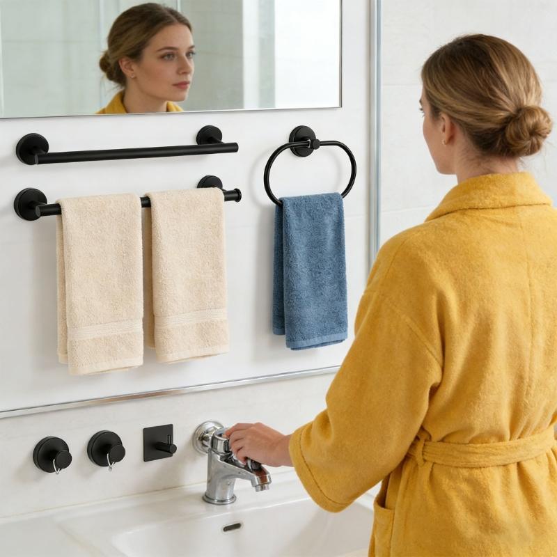 Bathroom Towel Rack Adhesive Towel Rings Robe Hook Toilet Paper Holder Bathroom Accessory Set Easy to Installation